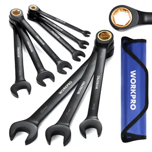 WORKPRO 9pcs Anti-Slip Ratcheting Combination Wrench Set Metric/SEA 8-19 mm 72-Teeth Cr-V Constructed Black Ratchet Wrenches Set