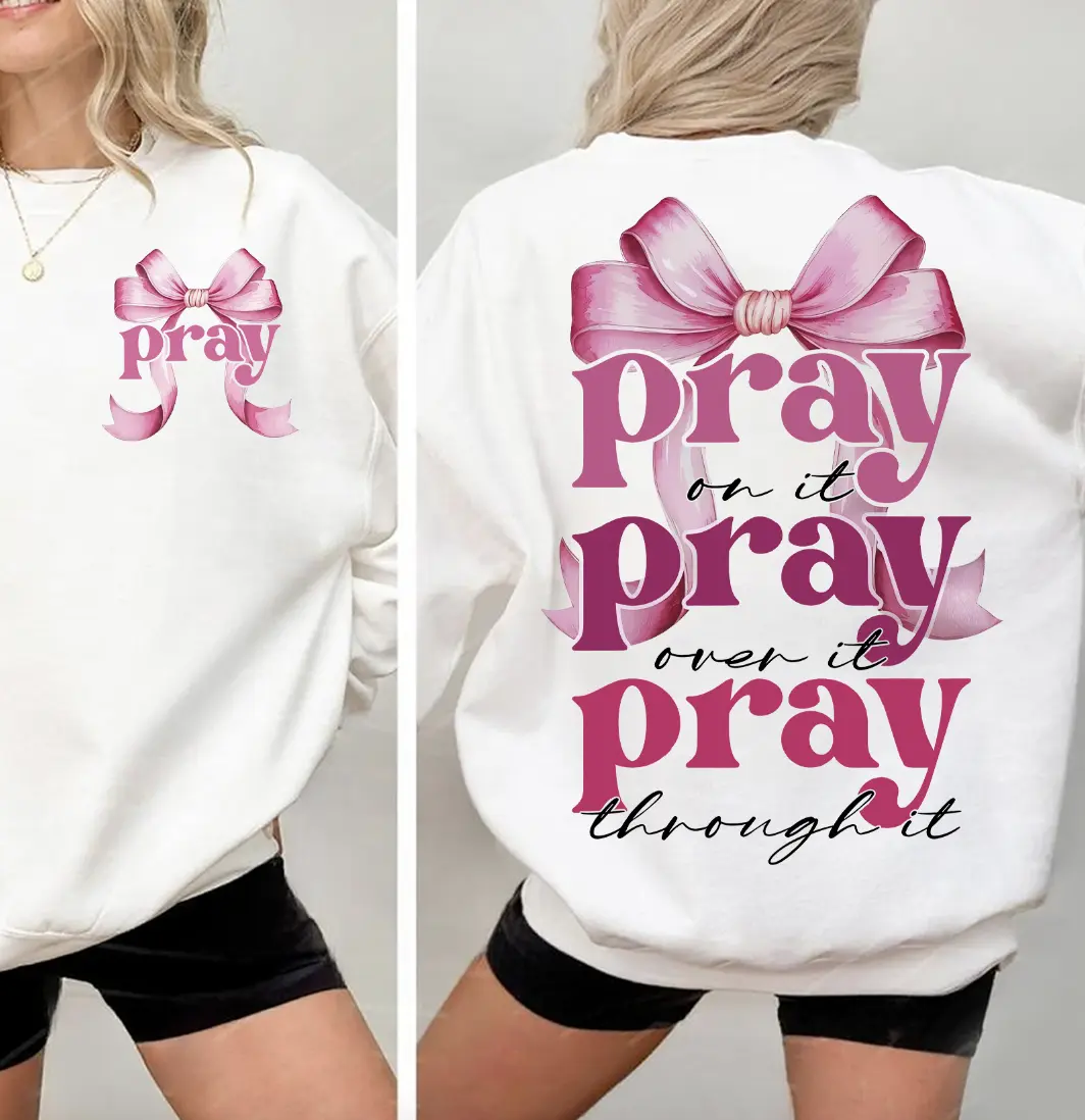 Pray On It Coquette Bow Bundle 2 Sides Sweatshirt, Pink Christian Shirt, Pink Coquette Bible Verse Tee, Jesus Apparel, Unisex Shirt for Women, Womenswear, Lady Top Hoodie Cotton