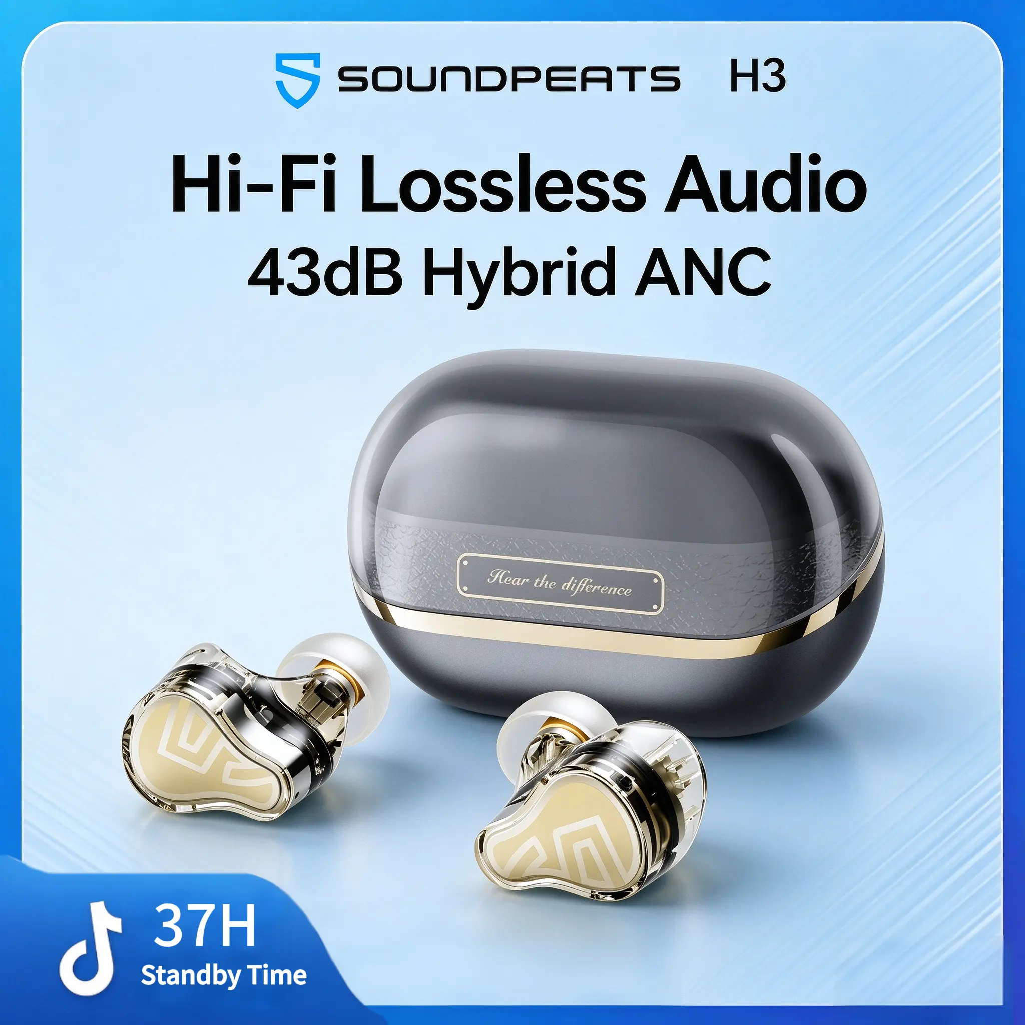 SoundPEATS H3 Wireless Earbuds - Hi-Fi Lossless Audio, 43dB Hybrid ANC for Deep Silence, Crystal-Clear Calls, Low-Latency Gaming Mode, 37H Total Playtime, Bluetooth 5.3, Hi-Res Sound in Your Pocket #tiktokshopsale #fyp #soundpeats #earbuds #anc