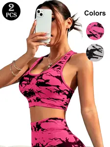 2pcs Tie Dye Halter Top Set, Wide Strap Seamless Bra, Wireless with Pads, Comfortable Yoga Sports Bra, All Season Casual Wear