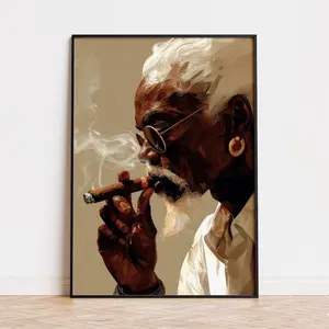 Smoking Cigar Wall Art, Black Man Art Print,, Product without frame Decor Gift