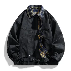 Men's Turn-down Collar Solid Color Jacket with Mesh Neckline Design & Plaid Lining