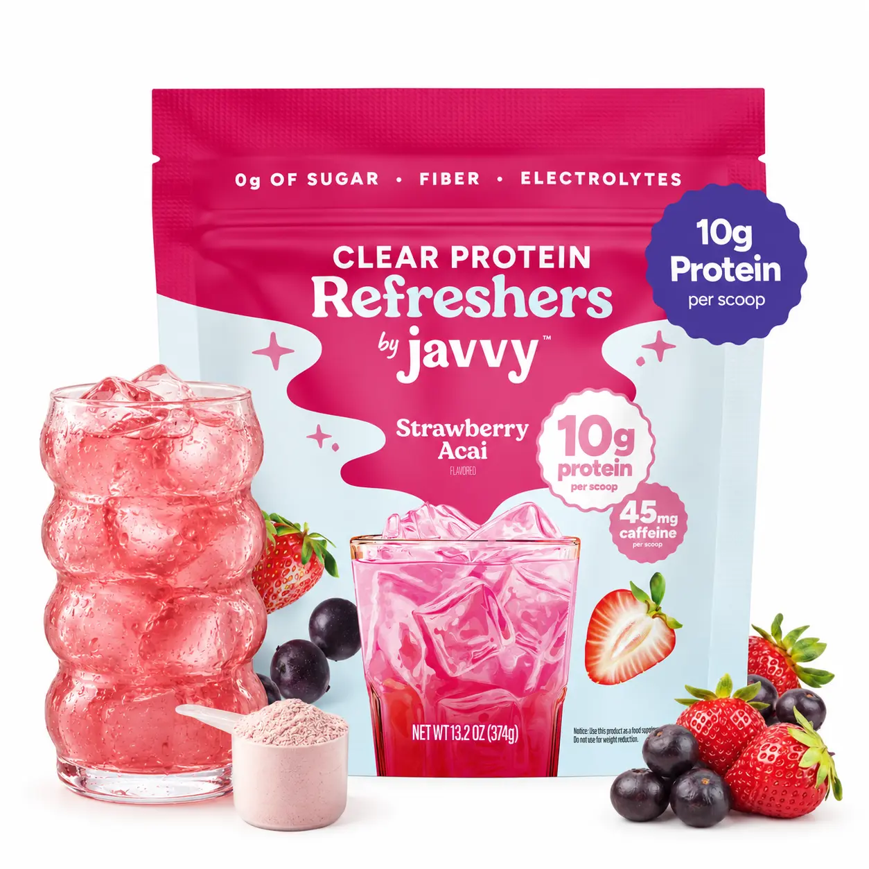 Javvy Strawberry Acai Refresher Energy Beverage - Premium Clear Whey Protein, Electrolytes & Fiber - 100% Natural Flavors - 0 Artificial Colors, Sweeteners - 45mg Caffeine, 0g Sugar - 20 Servings, Ambient Sport