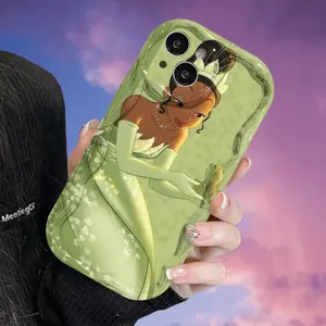 Princess Tiana Cartoon Phone Case For iPhone 17 Air 16 15 14 13 12 11 Pro Max Plus, Green Wave Design Shockproof Drop-Proof Durable Protective Cover, Cute Gift For Cartoon Fans
