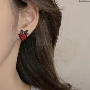 Red Heart Zircon Stud Earrings, Black Crystal Bow Accent