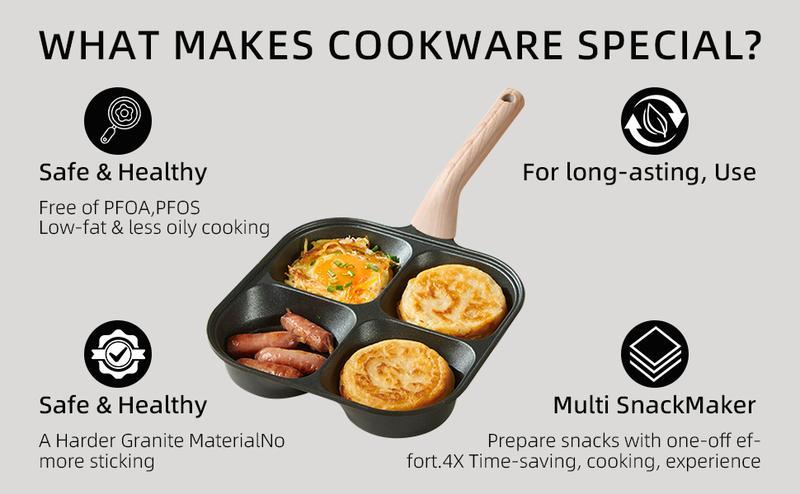 4-Hole Non-Stick Egg Frying Pan with Handle – Multi-Section Omelet & Pancake Skillet, 4-Cup Breakfast Cooker for Eggs, Burgers, Pancakes & Sausage, Compact Induction Compatible Nonstick Kitchen Pan