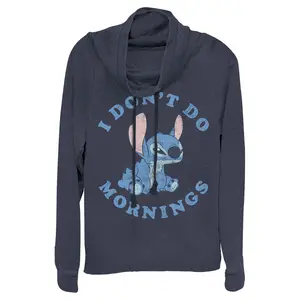 Junior's Lilo & Stitch I Don't Do Mornings Light Blue Cowl Neck Sweatshirt