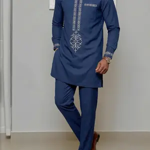 Muslim Men's 2-Piece Set Blue African Boubou Long Sleeve Embroidered Ethnic Suit, Elegant Formal Wear for Festivals Weddings Parties Gifts