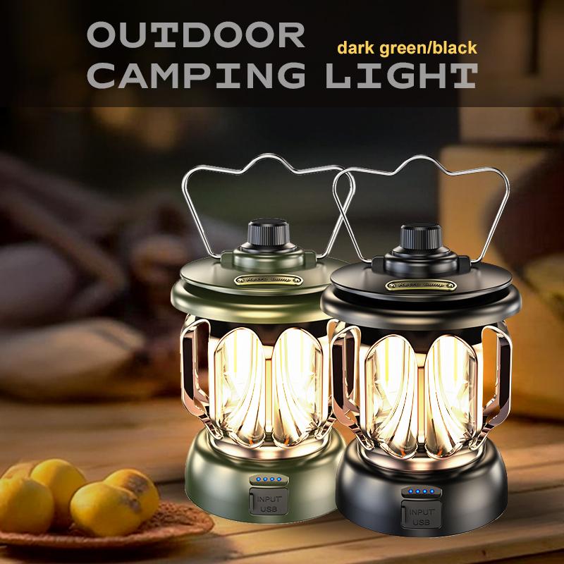 Vintage-style camping lamp, atmospheric portable lantern, flashlight with a metal hook for hanging, USB rechargeable with power output function, very suitable for fishing, household power outages, desktop lighting and emergency lighting