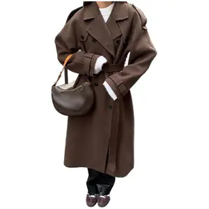 Elegant Women's Woolen Overcoat With Belt Loose Lapel Double Breasted Full Sleeve Long 2025 Autumn Winter Lady Trench Coat