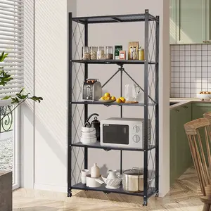 5-Tier Collapsible Organization Storage Rack Bookshelf Folding Pantry Shelves,Folable Multifunctional Storage Shelves Organiser Black