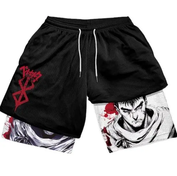 Women’s double-layer 2-in-1 athletic shorts with a dark Japanese manga character print, breathable mesh outer layer, built-in anti-chafing lining, drawstring elastic waistband—ideal for running and fitness training.