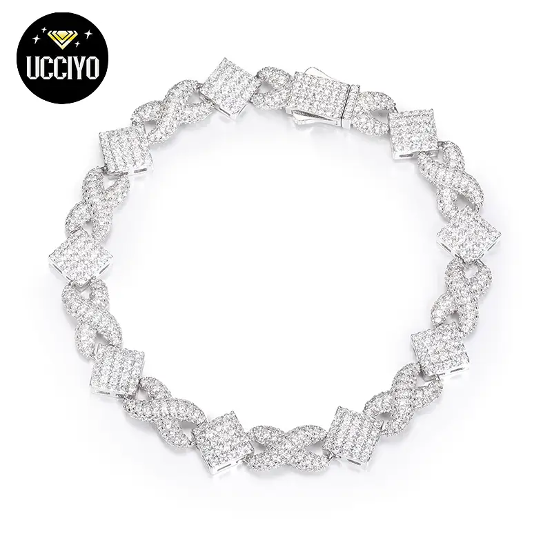 【#B189】 Hip Hop Men Bracelet Iced Out D VVS Synthetic Moissanite 925 Sterling Silver Prong Cuban Link Chain 11mm Infinity Square Symbol Jewelry