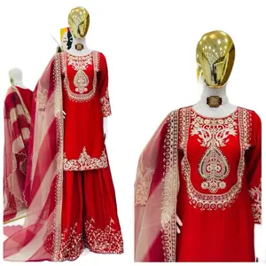 Chinon Silk Three Pcs Plazo Set with Coding Sequence Embroidery Work Red Color Traditional Design