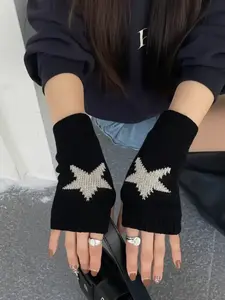 Star Pattern Fingerless Gloves, Seamless Knit Gloves, All-Season Comfortable Fashion Arm Warmers, Casual Fitted Shape Hand Accessories for Women