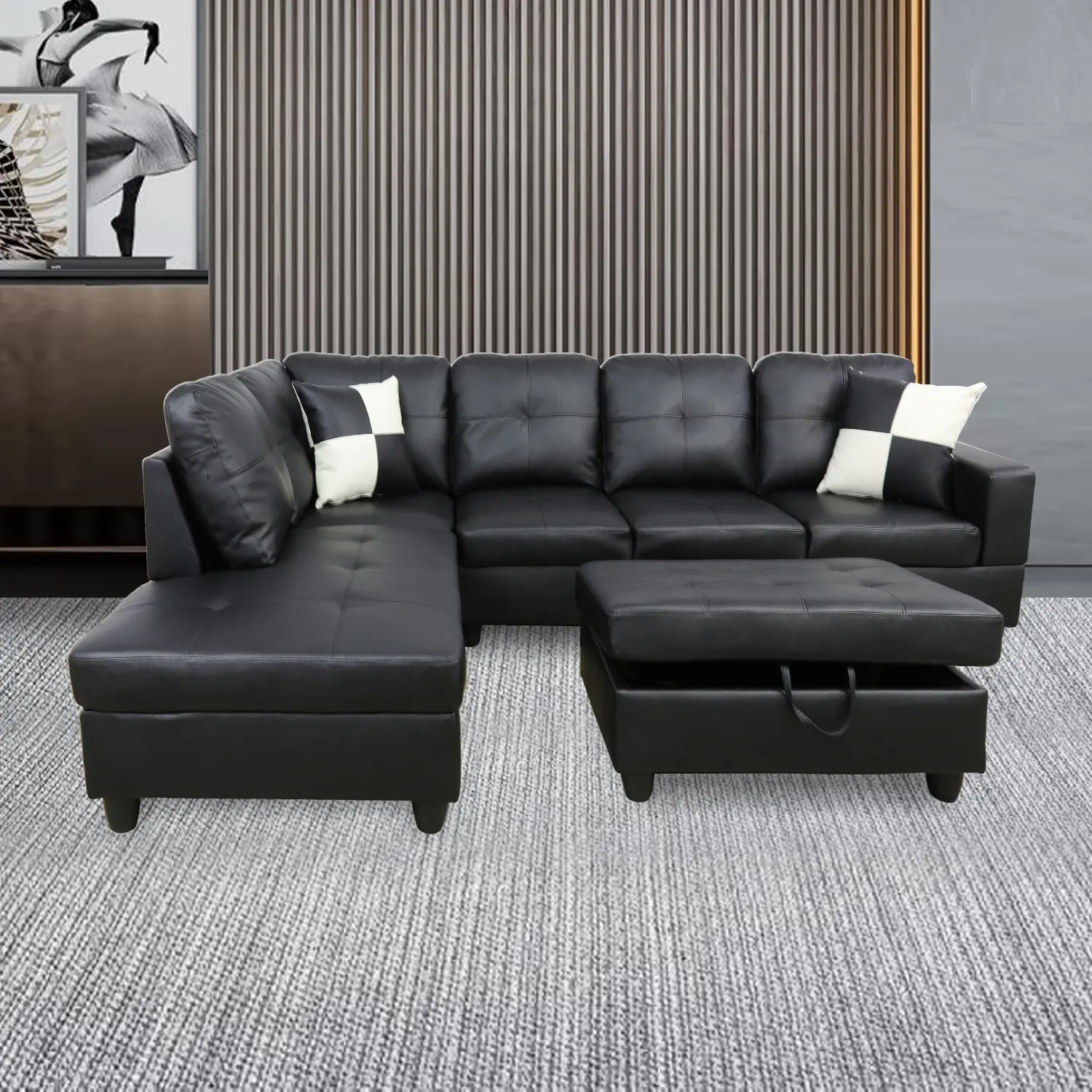 3-Piece Aesthetic Black Faux Leather Living Room Sofa Set - Designer-Style, Elegance, Exquisite, Dark, Durable Sofa Sets, Low-Maintenance Material, Upscale Look, Reinforced Stable Structure, Stylish Indoor Home Furnishing, Designer-Style Sofa Sets