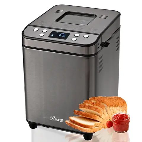 Rosewill 25-in-1 Automatic Bread Maker Machine with 3 Loaf Size up to 2LB, 700W High Power Dual Heater Bread Maker with BPA-free Nonstick Coating Pan, Max 15 Hours Delay Timer, Low Noise - Gray