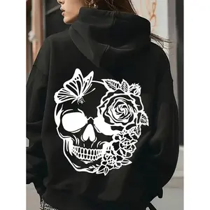 Women'S Gothic Skull & Rose Floral Butterfly Print Hoodie - Black & White Contrast Loose Fit Pullover Sweatshirt, All-Season Casual Outfits (Skull & Rose Design, Fashion Coat With White Rose, Rocker Coat, Women Hoodie, Sweatshirt For Women Hoodie
