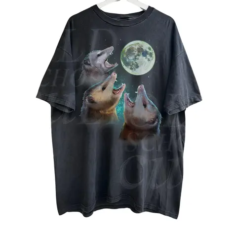 Men's Casual Menswear Moonlit Possums Vintage Graphic Short Sleeve Cotton Tee - Unisex Crew Neck, Distressed Retro Opossum Lover Streetwear Top, Moon-Themed Print (Gives a Moody Vibe), Cold Wash Compatible, All-Season Comfort