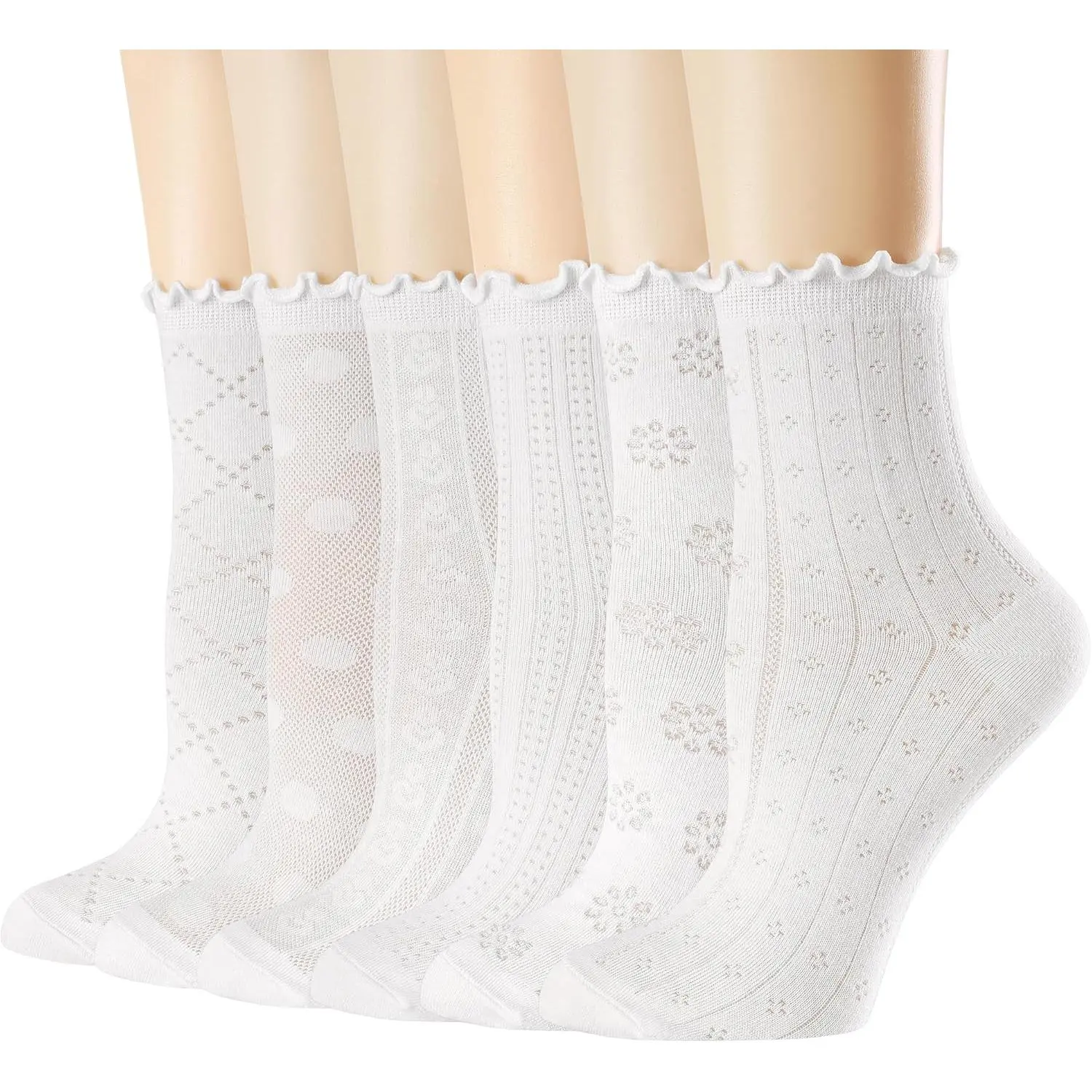 Women's Ruffle Socks Casual Lace Cotton Crew Summer Ultra Thin Cute Frilly Ankle Socks for Women 6 Pairs