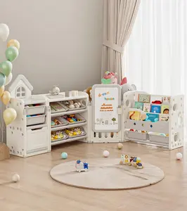 Storage Organizer with 10 Removable Bins and 3-Tier Bookshelf, 4 in 1 Multifunctional Large Toy Organizer with Drawing Board for Bedroom Playroom Living Room, Light Blue