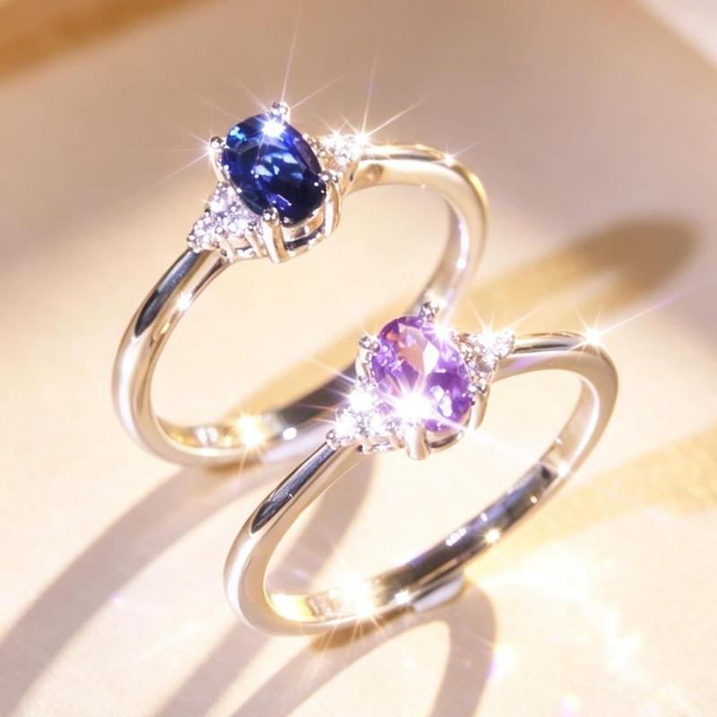 Women's Minimalist Oval-Cut Blue Sapphire Crystal Ring - Claw-Set 3-Stone Oval Center, Anti-Allergy Multi-Size Single-Piece Costume Jewelry Engagement Promise Ring for Girlfriend