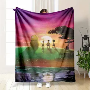 Magical Sunset Adventure Yellow Giant & Silhouettes Art — Lightweight Summer AC Blanket Fantasy Landscape Thin Breathable Flannel Throw for AC Room Soft Cozy Gift Use summerwins