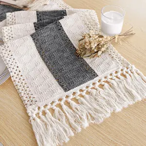 Boho Table Runner for Home Decor with Tassels 48 Inches Long,Grey Farmhouse Rustic Table Runner Macrame Burlap Table Decoration for Living Room Bridal Shower(12x48 Inches)