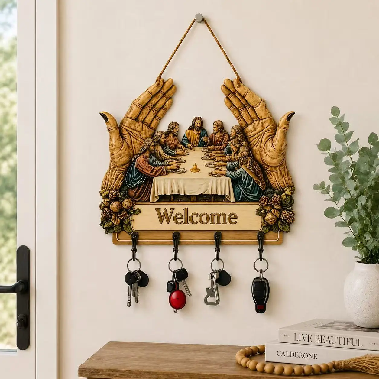 Classic Resin Christianity Last Supper Multi-Hooks Key Holder - Wall Hanging Decor, Jesus Religious Key Hook Organizer for Entryway, Housewarming Gift