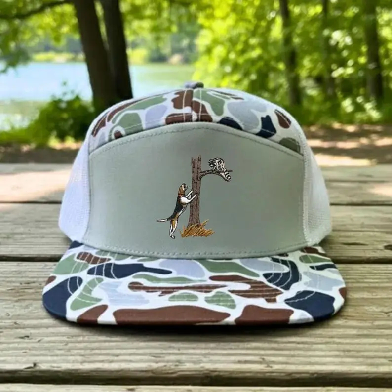 Embroidered Coondog Hunting Hat Camo Trucker Cap, Hound Dog Coon Hunter Snapback, Outdoor Rope Mesh Cap, Adjustable Hunting Hat for Men Cheyenne