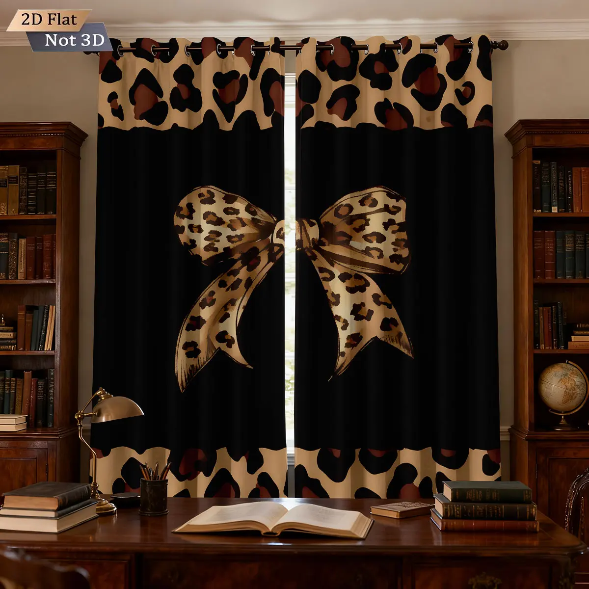 2-piece curtains, Home decorative curtain, Window Curtain, Home Decoration Curtain, classic leopard print with large bow design, black and brown color matching shows wild style, perforated machine-washable curtains for living rooms, bedrooms, kitchens