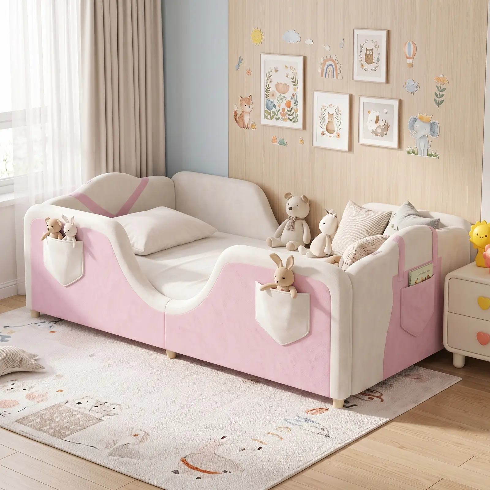 Lilypelle Overall-Inspired Toddler Bed with 6 Storage Pockets, Soft Upholstered Kids Bed Frame, Low Floor Bed for Boys & Girls, Fits Crib Mattress, Wood Slat Support