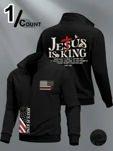 Men's Half-Zip Stand Collar Sweatshirt, High Street Style, Cartoon Pattern, French Terry Fabric, Casual Fall Clothing