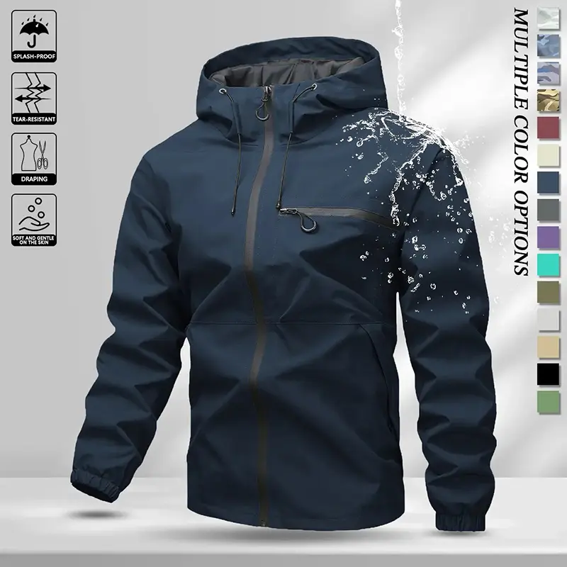 Men’s softshell lightweight windproof hooded jacket with drawstring design, outdoor sports casual style, windproof and waterproof, zippered pockets, unisex lightweight rainproof ripstop outdoor hooded hardshell jacket