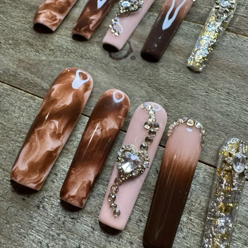 Brown Marble Rhinestone Reusable Press-On Nails Size Medium Long Square
