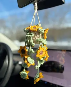 Crochet Sunflower Pot Car Hanging, Handmade Sunflower Rearview Mirror Charm, Cute Crochet Car Decor, Gift for Her