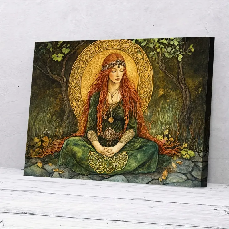 2D Flat Surface, PUDRAW 2D Flat Surface Bridgid Celtic Goddess Wall Art - 11.75"x15.7" Wooden Frame Canvas Print, Vintage Celtic Decor Red-Haired Meditating Figure in Green Dress, Natural Inspiration Bedroom, Living Room, Office and Bar Hanging Painting,