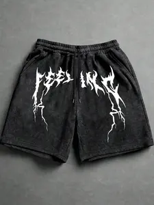 Men's Casual Graphic Shorts, Vintage with Lightning Print, Drawstring Waist, Soft Cotton Fabric, Punk Style, Daily Wear