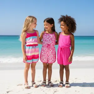 3-Pack Set Toddler Little Girls Sleeveless Spaghetti Strap Romper Outfits for Girls, Elastic Waist with Decorative Bow Tie with Vibrant Pink Leopard, Rainbow Stripes, and Solid Hot Pink, Soft Relaxed Fit for Beach and Playdates, Ages 4-7 Years