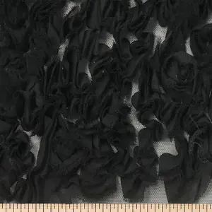 Black Daisy Ruffle Georgette Fabric – High-Quality Polyester Blend