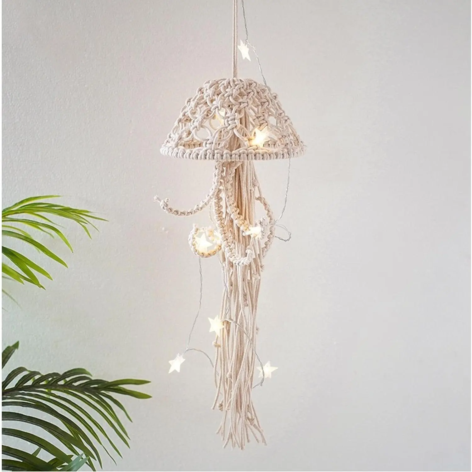 White Macrame Hanging Jellyfish Dream Catcher with Lights - Bohemian Woven Home Decor for Apartment Dorm Room