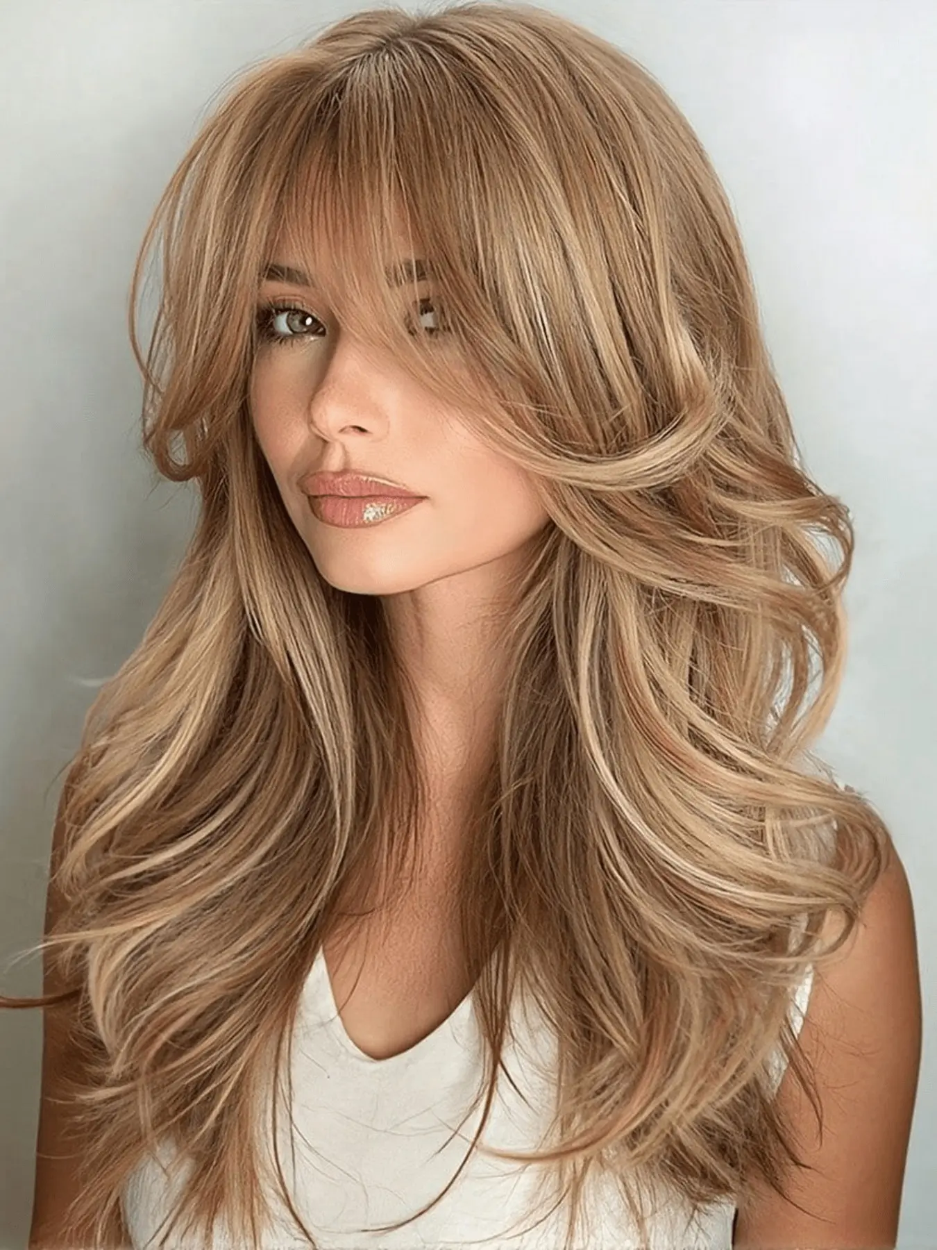 Realistic Wavy Wig with Curtain Bangs, Natural-Looking Synthetic Soft Hair Wig, Mixed, Shoulder-Length Design, Heat-Resistant Material, Synthetic Wigs, Loose Wave Wigs, Body Wavy Wig, Synthetic Wavy Hairstyle