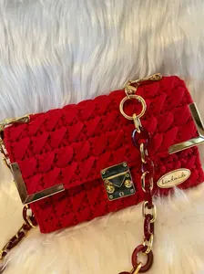 Amor Rojo Handcrafted Elegance Trapillo Weaving Golden Accents Handmade Craftsmanship Red Bag with Chain Strap Do Not Wash
