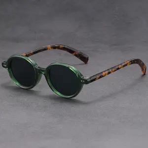 2025 New Small Frame Retro Oval Sunglasses Korean Japanese Style Green Lens Tortoise Temples
