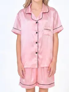 Kids Pink Satin 2 Piece Pajama Set Short Sleeve Button Down Sleepwear for Boys & Girls, Ideal Kids Girl Stuff & Kids Stuff, Cute Teen Girl Clothes, Soft Comfy PJs 5-14Y, Polyester, Two Piece Sets Pastel Cute Pajamas Soft Casual Pajamas