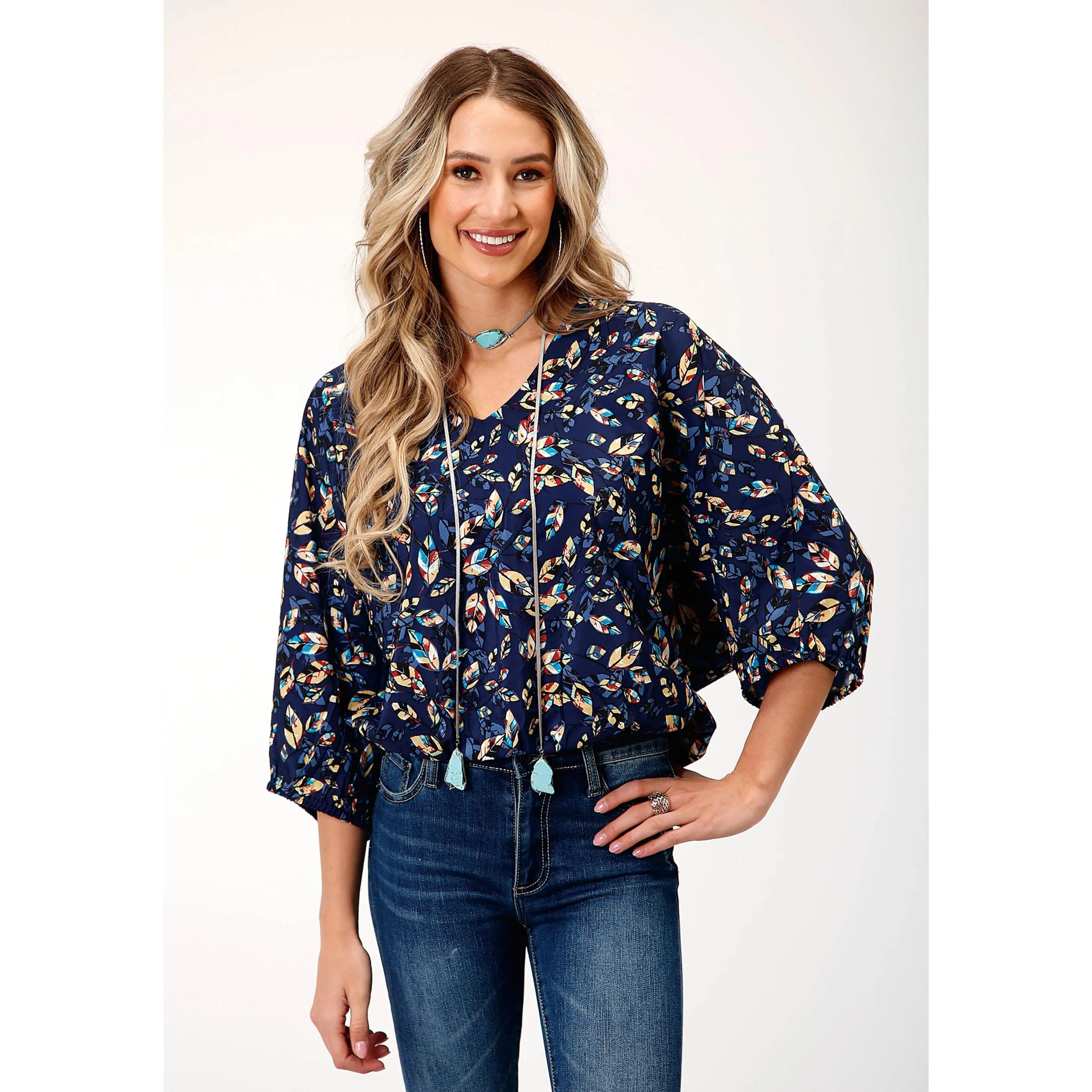Womens Long Sleeve Poly Crepe Feather Foliage Print Blouse
