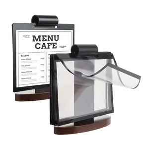 Vertical desktop stand, 2 A5 horizontal acrylic flip menu logo stands with walnut base, restaurant, coffee shop, office menu poster desktop display stand