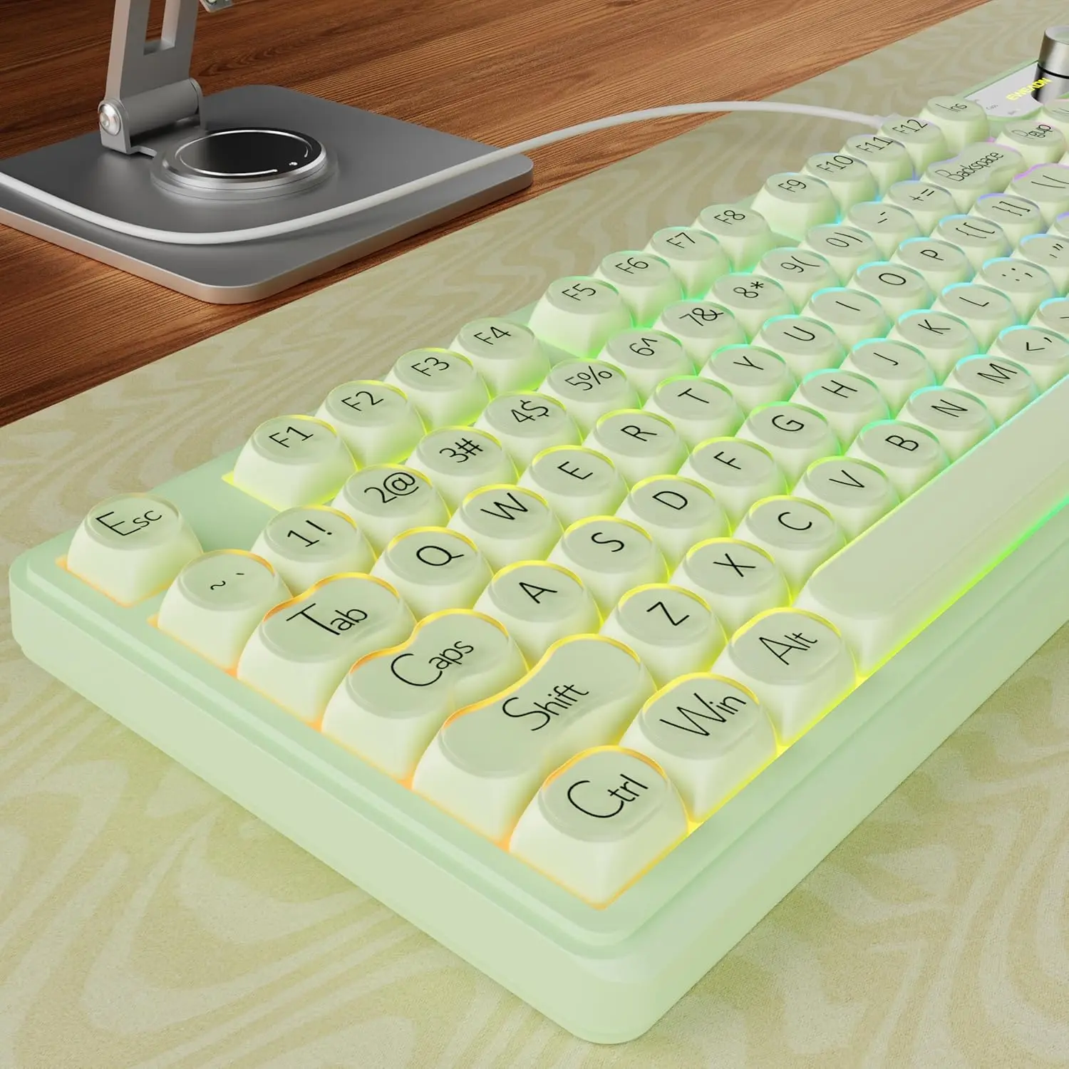 V102 Wired Keyboard, 98  Creamy Gaming Keyboard with Number Pad, Display Screen & Media Knob RGB Silent Wired Cute  Keyboard for Laptop PC Gamer - Green