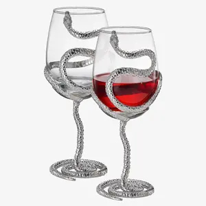 Stemmed Snake Wine Glass | Set of 2 | 19oz Spooky Reptile Glasses 10" H, Goth Gifts, Skeleton Gifts, Skeleton Decor, Spooky Wine Gift Set, Perfect for Themed Parties (Silver)