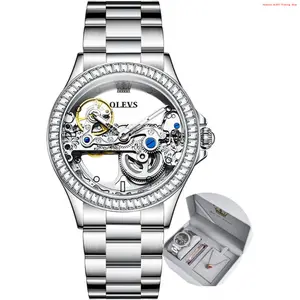 Fashion Brand OLEVS Women Watch Skeleton Set Automatic Mechanical Silver Luxury Dress Waterproof Luminous Lady Watch Gift Set